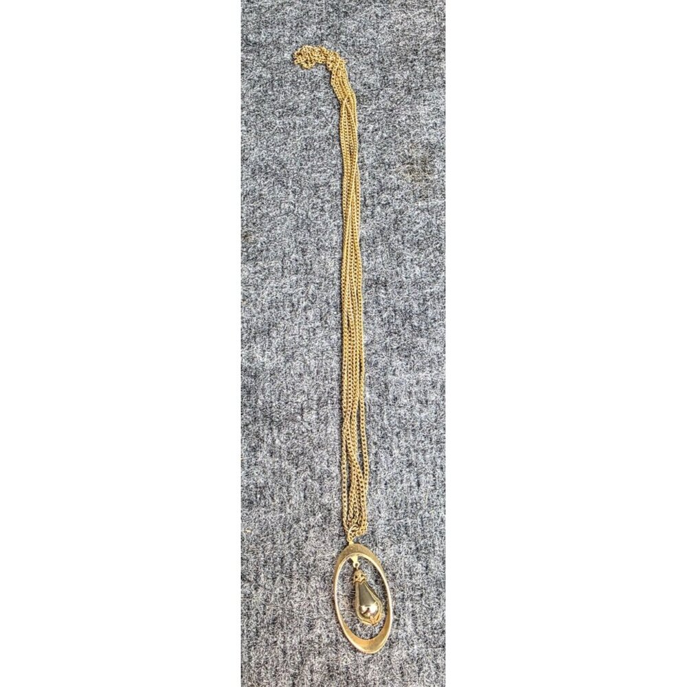 Gold-Tone Multi-Chain Necklace With Pendant Teardrop & Oval Design Vintage